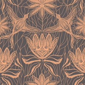 Design with orange solid birds and peonies in a graphic with openwork lines on a gray background