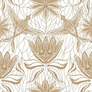Large peonies, swallows and cobwebs - beige on white