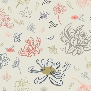 Paper Cranes and Wildflowers in Navy, Tan, and Corals