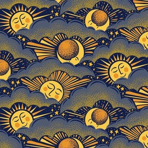 Celestial Clouds - 12" large - dark blue, yellow, and orange