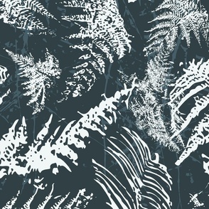 Modern Abstract Monochrome, Forest Ferns, Dark Blue and White, Coastal