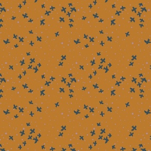 MUSTARD BASE DITSY WITH HAND DRAWN SCATTERED FLOCK OF CHARCOAL BIRDS AND LILAC PURPLE SCATTERED SPOTS IN THE NIGHT SKY