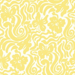 60s Butterfly Retro floral swirl Yellow Natural white by Jac Slade