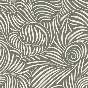 swirl - creamy white_ limed ash green - jumbo tropical bedding wallpaper