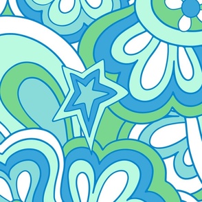 Groovy retro floral stars blue green by Jac Slade