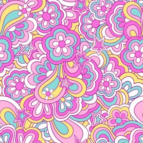 Groovy retro floral stars Bright Candy Pink Yellow Blue  by Jac Slade