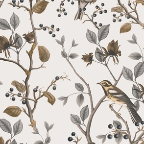 East Meets West Nordic Bird Chinoiserie And Foliage Pattern Brown Beige Large Scale
