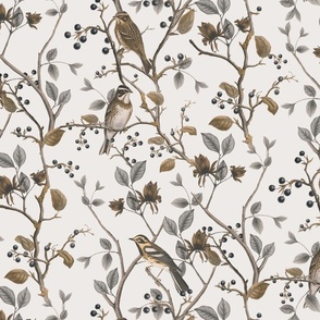 East Meets West Nordic Bird Chinoiserie And Foliage Pattern Brown Beige Medium Scale