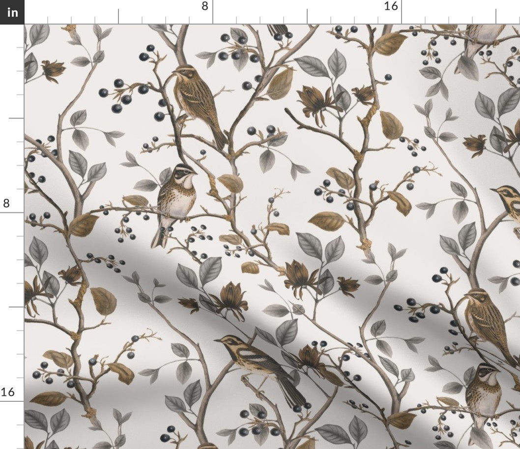East Meets West Nordic Bird Chinoiserie And Foliage Pattern Brown Beige Medium Scale