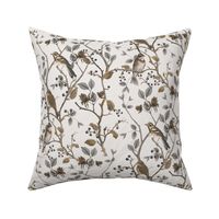 East Meets West Nordic Bird Chinoiserie And Foliage Pattern Brown Beige Smaller Scale