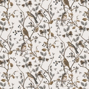 East Meets West Nordic Bird Chinoiserie And Foliage Pattern Brown Beige Smaller Scale