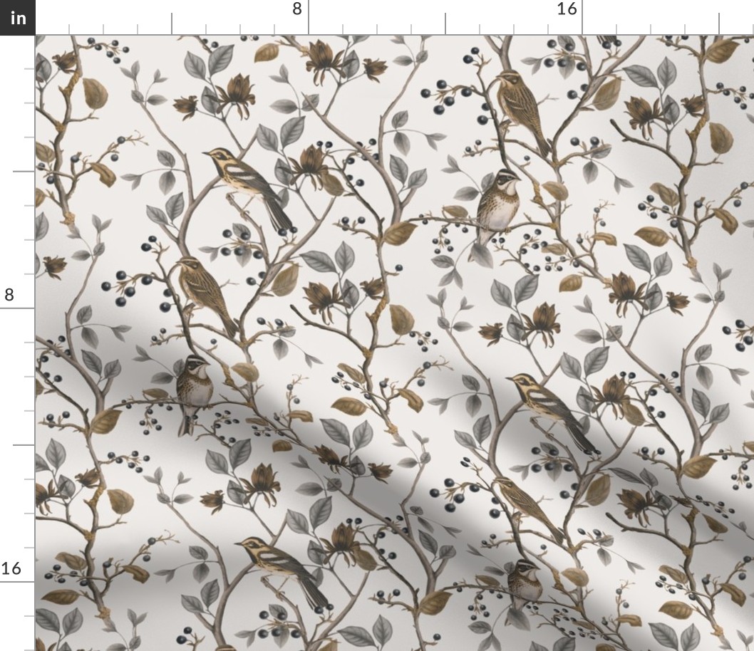 East Meets West Nordic Bird Chinoiserie And Foliage Pattern Brown Beige Smaller Scale