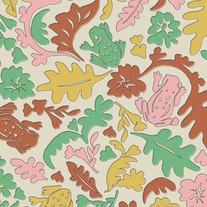 LIGHT CREAM BASE HAND-DRAWN WOODBLOCK INSPIRED FLORAL WITH LEAVES AND FROGS IN PINK GREEN CREAM ORANGE