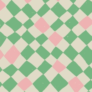 LARGE MODERN BRIGHT MINT GREEN-CARNATION PINK HAND-DRAWN DIAGONAL WARPED TEXTURED CHECKERBOARD