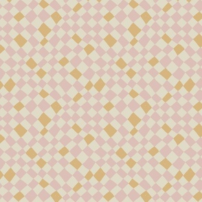 SMALL SCALE HAND-DRAWN PINK AND OCHRE YELLOW DIAGONAL WARPED CHECKERBOARD TEXTURED
