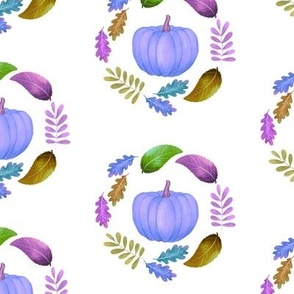 Fall purple pumpkins leaves half drop on white background