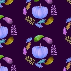 Fall purple pumpkins leaves half drop on dark purple background