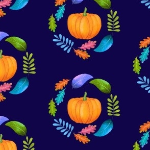 Fall pumpkins leaves half drop on dark blue background