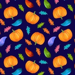  Fall orange pumpkins and colorful leaves on dark blue background