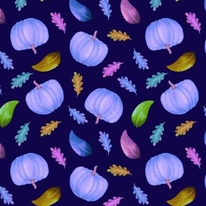 Fall Purple Pumpkins and leaves on blue background,  scatter design
