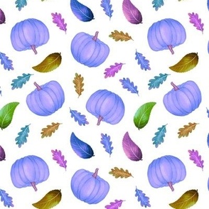 Fall Purple Pumpkins and leaves on white background,  scatter design