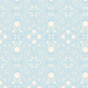 Baby blue ivory filigree damask