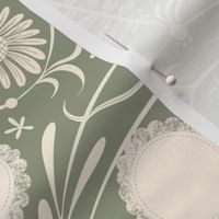 Lichen green ivory floral filigree damask