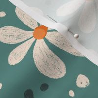 Cute retro daisies drawn in chalk on dark pale teal