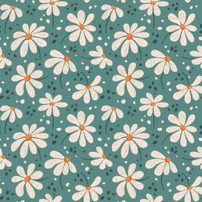 Cute retro daisies drawn in chalk on dark pale teal