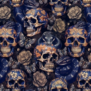Antique Goth Nightfall: A Vintage Floral Pattern with Skulls Snakes, Moths and Mystical Hand 
Painted Dark Red English Rose Flowers sepia brown- halloween aesthetic wallpaper 