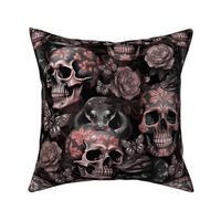 Antique Goth Nightfall: A Vintage Floral Pattern with Skulls Snakes, Moths and Mystical Hand 
Painted Dark Red English Rose Flowers sepia brown- halloween aesthetic wallpaper - pink