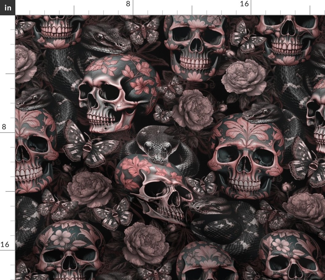 Antique Goth Nightfall: A Vintage Floral Pattern with Skulls Snakes, Moths and Mystical Hand 
Painted Dark Red English Rose Flowers sepia brown- halloween aesthetic wallpaper - pink