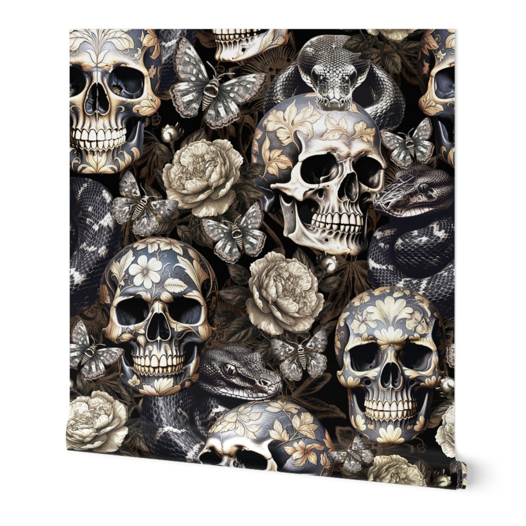 Antique Goth Nightfall: A Vintage Floral Pattern with Skulls Snakes, Moths and Mystical Hand 
Painted Dark Red English Rose Flowers sepia brown- halloween aesthetic wallpaper