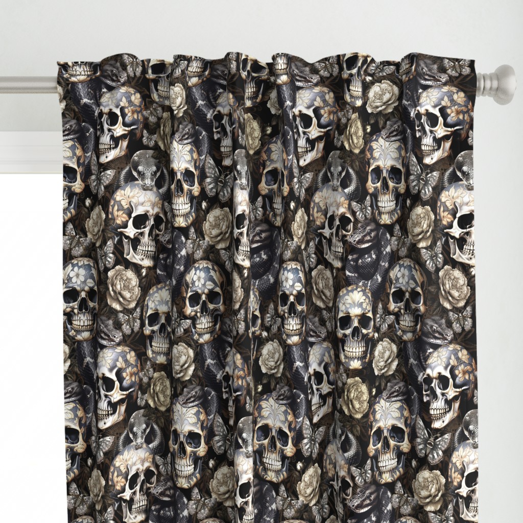 Antique Goth Nightfall: A Vintage Floral Pattern with Skulls Snakes, Moths and Mystical Hand 
Painted Dark Red English Rose Flowers sepia brown- halloween aesthetic wallpaper