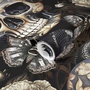 Antique Goth Nightfall: A Vintage Floral Pattern with Skulls Snakes, Moths and Mystical Hand 
Painted Dark Red English Rose Flowers sepia brown- halloween aesthetic wallpaper