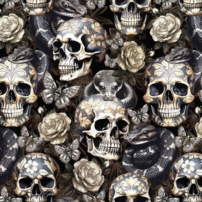 Antique Goth Nightfall: A Vintage Floral Pattern with Skulls Snakes, Moths and Mystical Hand 
Painted Dark Red English Rose Flowers sepia brown- halloween aesthetic wallpaper