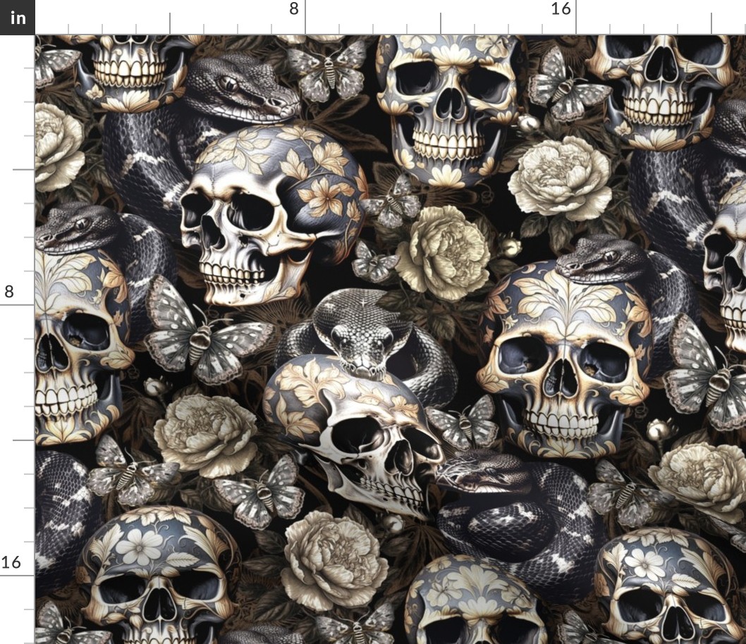 Antique Goth Nightfall: A Vintage Floral Pattern with Skulls Snakes, Moths and Mystical Hand 
Painted Dark Red English Rose Flowers sepia brown- halloween aesthetic wallpaper