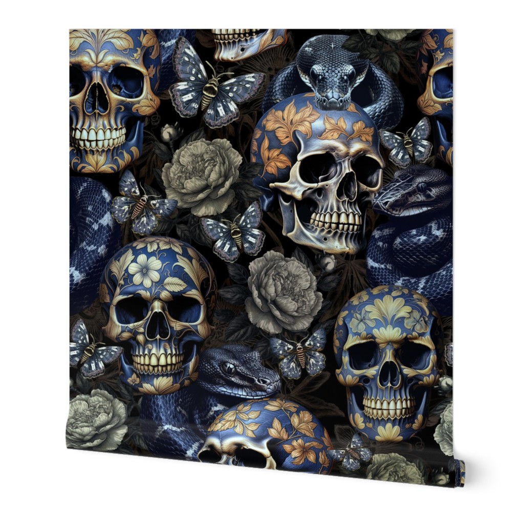 Antique Goth Nightfall: A Vintage Floral Pattern with Skulls Snakes, Moths and Mystical Hand 
Painted Dark Red English Rose Flowers sepia brown- halloween aesthetic wallpaper