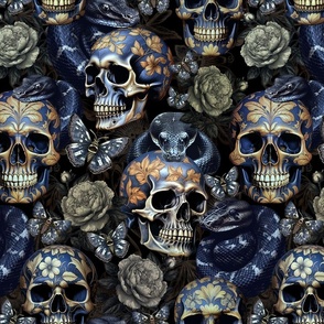 Antique Goth Nightfall: A Vintage Floral Pattern with Skulls Snakes, Moths and Mystical Hand 
Painted Dark Red English Rose Flowers sepia brown- halloween aesthetic wallpaper