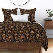 Antique Goth Nightfall: A Vintage Floral Pattern with Skulls Snakes, Moths and Mystical Hand Painted Dark Red English Rose Flowers sepia brown- halloween aesthetic wallpaper