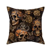 Antique Goth Nightfall: A Vintage Floral Pattern with Skulls Snakes, Moths and Mystical Hand Painted Dark Red English Rose Flowers sepia brown- halloween aesthetic wallpaper