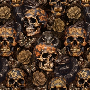 Antique Goth Nightfall: A Vintage Floral Pattern with Skulls Snakes, Moths and Mystical Hand Painted Dark Red English Rose Flowers sepia brown- halloween aesthetic wallpaper