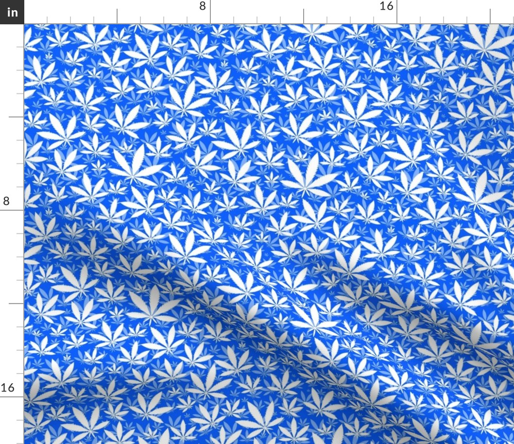 Smaller Scale Marijuana Cannabis Leaves White on Cobalt Blue