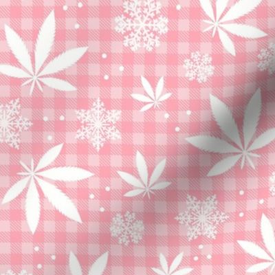 Medium Scale Marijuana Snowstorm Cannabis Leaves and Snowflakes on Pink Gingham Checker