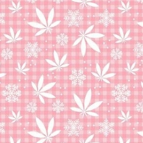 Small Scale Marijuana Snowstorm Cannabis Leaves and Snowflakes on Pink Gingham Checker