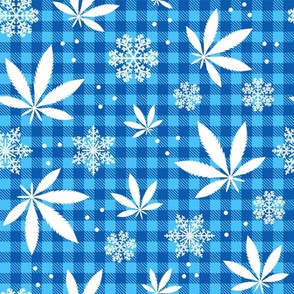 Large Scale Marijuana Snowstorm Cannabis Leaves and Snowflakes on Blue Gingham Checker