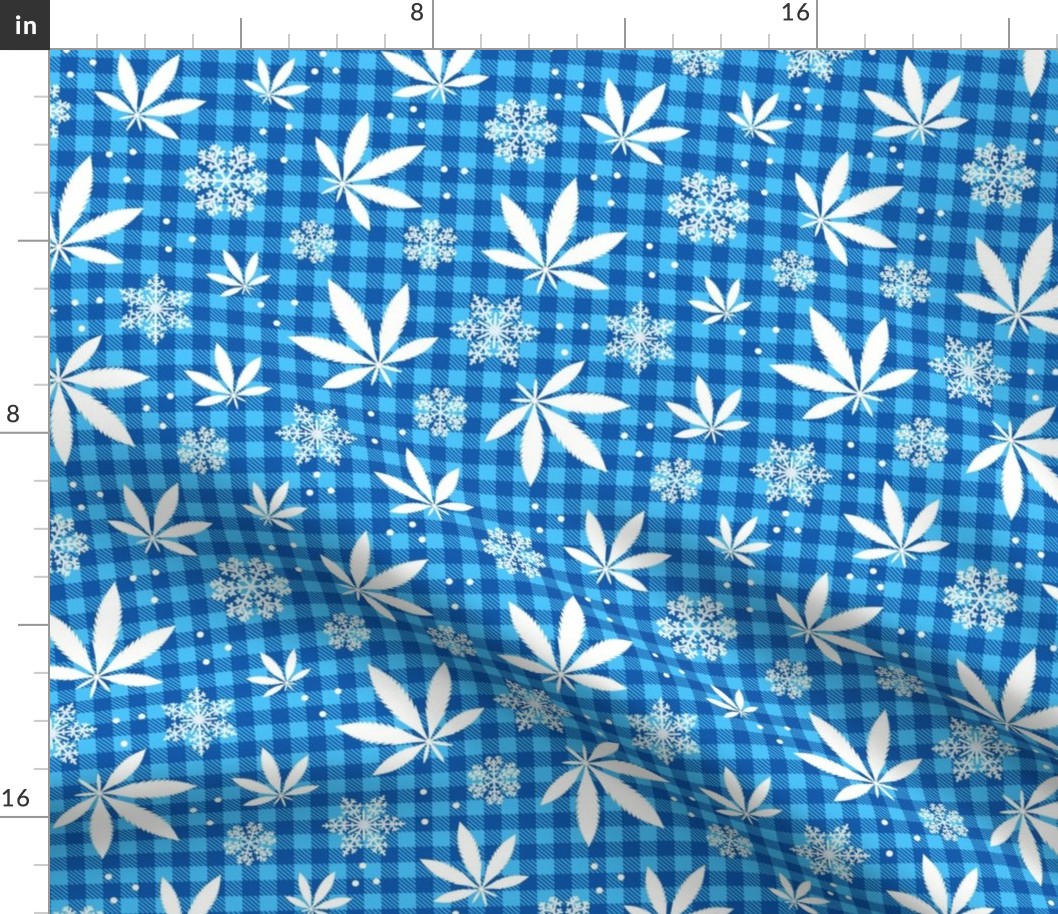 Medium Scale Marijuana Snowstorm Cannabis Leaves and Snowflakes on Blue Gingham Checker