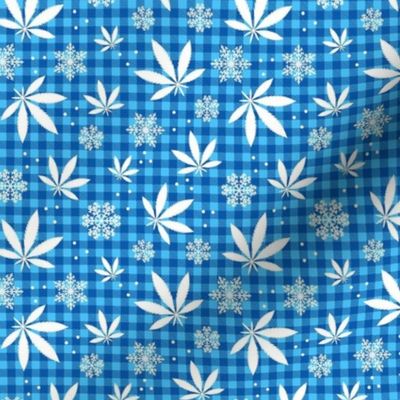 Small Scale Marijuana Snowstorm Cannabis Leaves and Snowflakes on Blue Gingham Checker