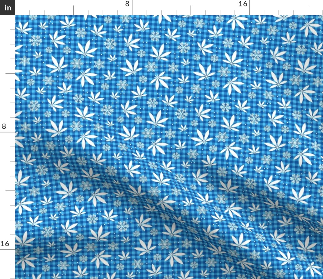 Small Scale Marijuana Snowstorm Cannabis Leaves and Snowflakes on Blue Gingham Checker