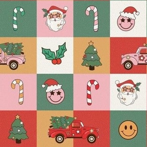 Medium Scale Groovy Christmas Retro Checkerboard Santa Candy Canes Red Pink Trucks